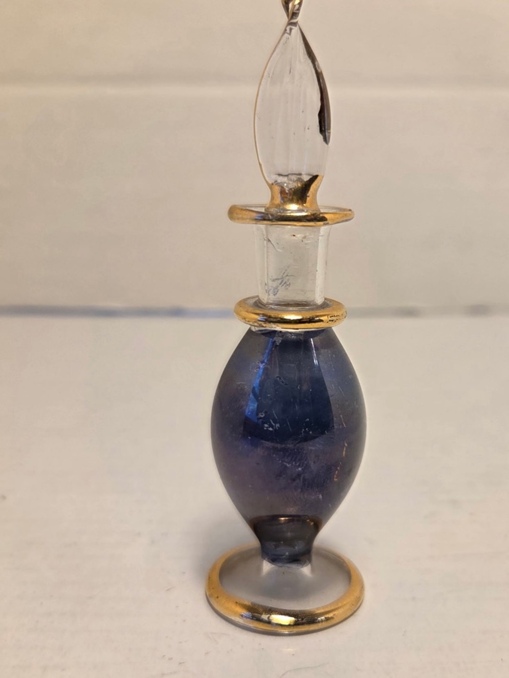 Vintage Perfume Bottle Decanter Gold Toned Bottle Purple Blue 3 1/2”